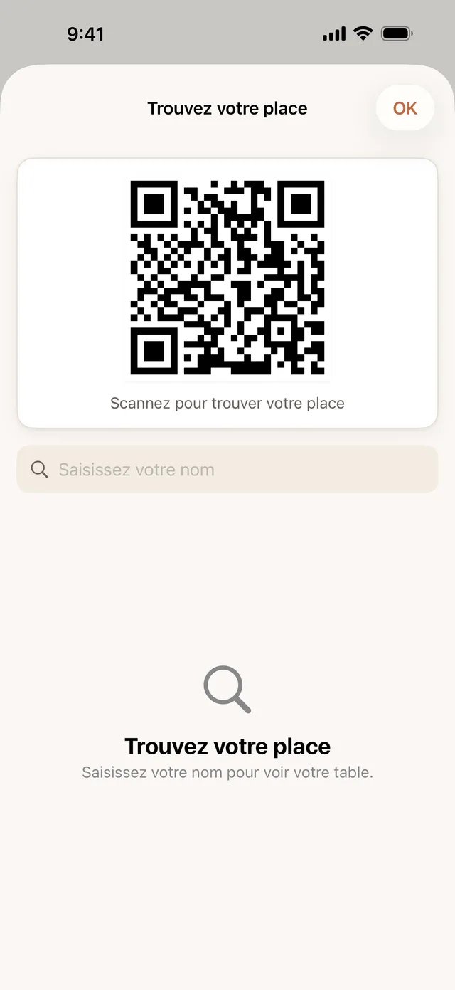 L’écran « Trouvez votre place » de Seatful : un code QR que les invités balayent à l’entrée et un champ pour saisir leur nom et voir leur table.