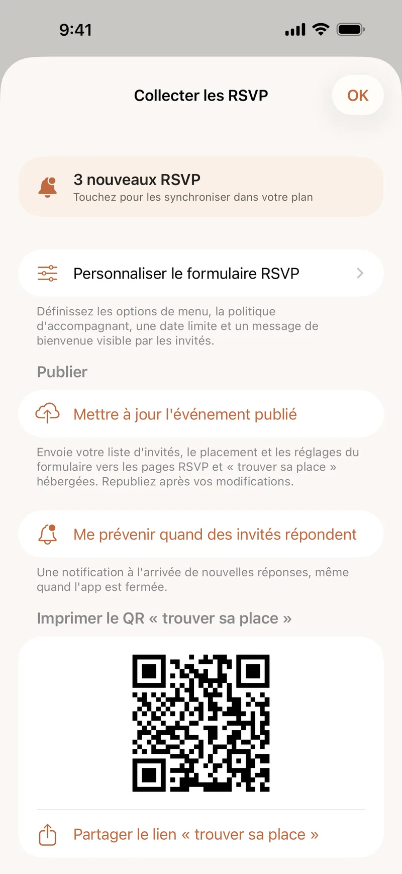 Seatful sur iPhone. L’écran « Collecter les RSVP » : un avis de 3 nouveaux RSVP, les réglages du formulaire, la publication de l’événement et le code QR à imprimer pour que chacun trouve sa place.