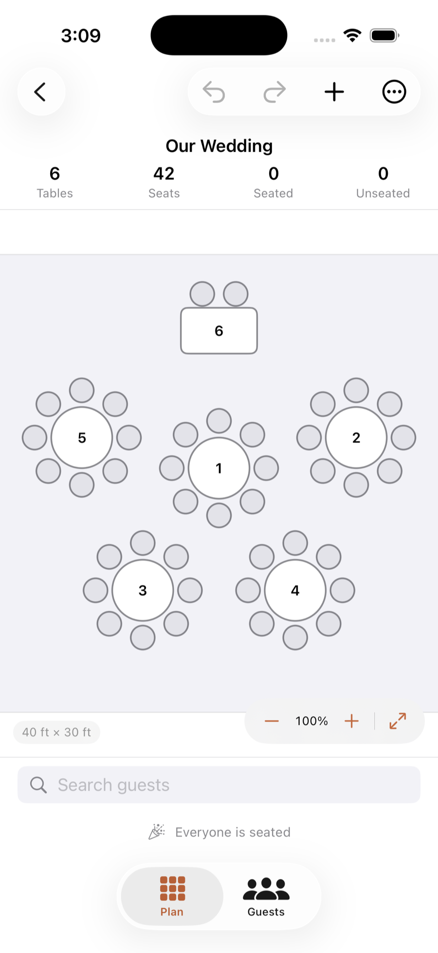 The Seatful seating planner on iPhone showing a wedding floor plan with six tables and a head table